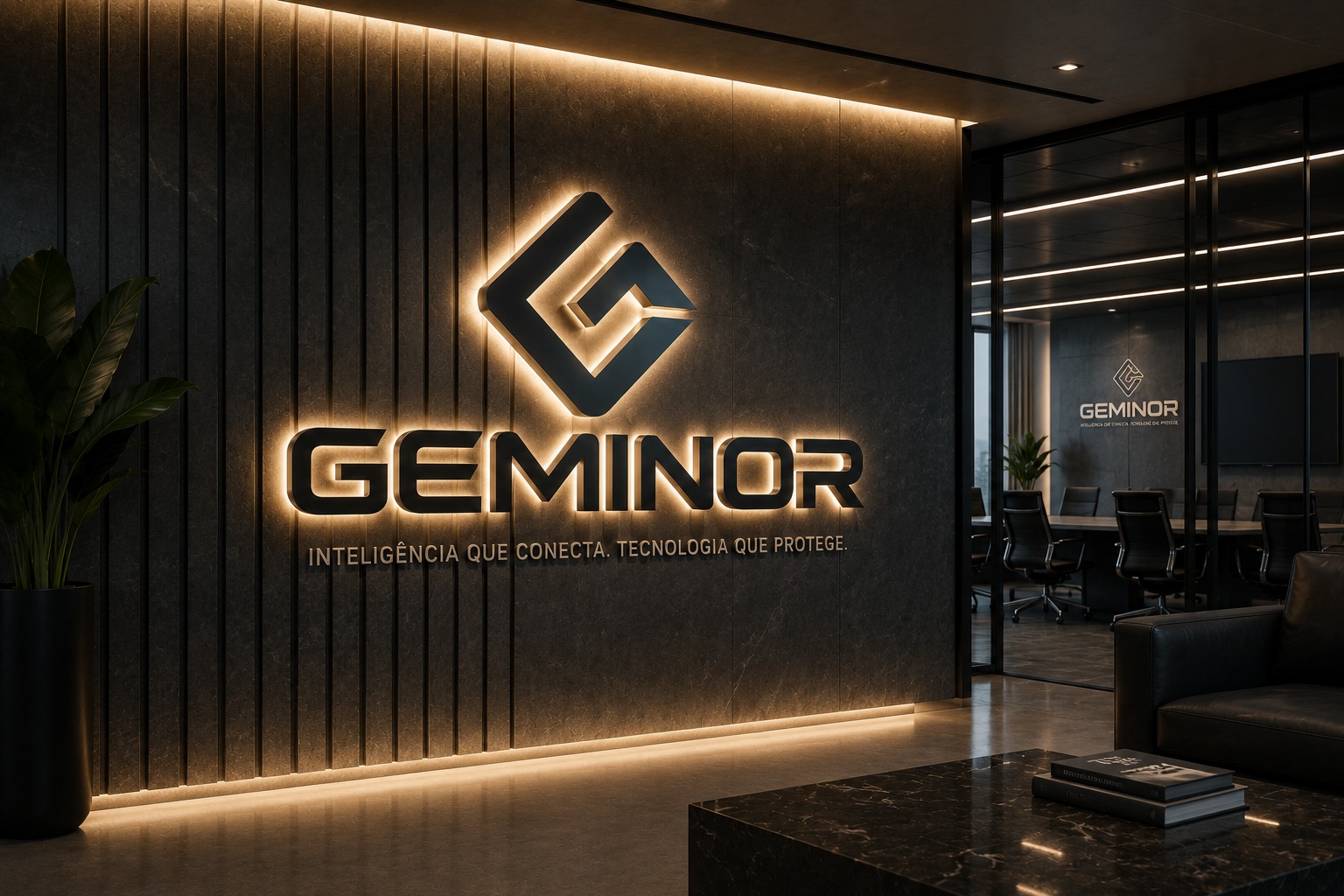 Logotipo de alto padrão aplicado em parede de recepção corporativa