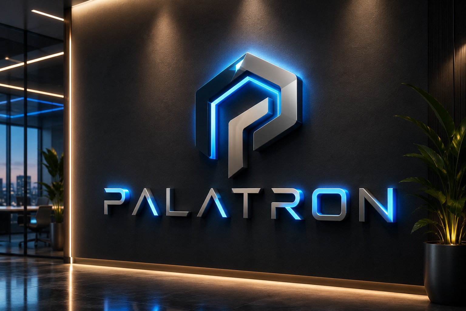 Recepção corporativa com painel de marca e iluminação integrada